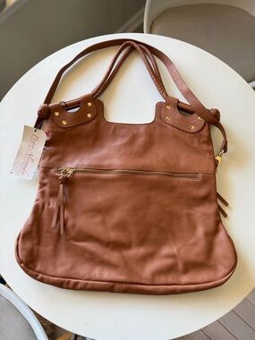 Pietro Alessandro Brown Leather Shoulder Tote with Gold Accents
